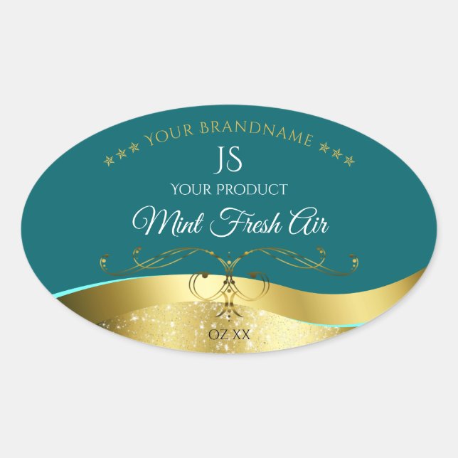 Luxurious Wavy Gold Decor Dark Teal Monogram Label (Front)