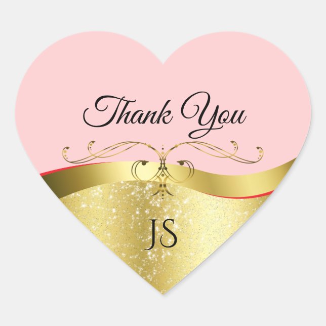 Luxurious Wavy Gold Decor on Light Red Thank You Heart Sticker (Front)
