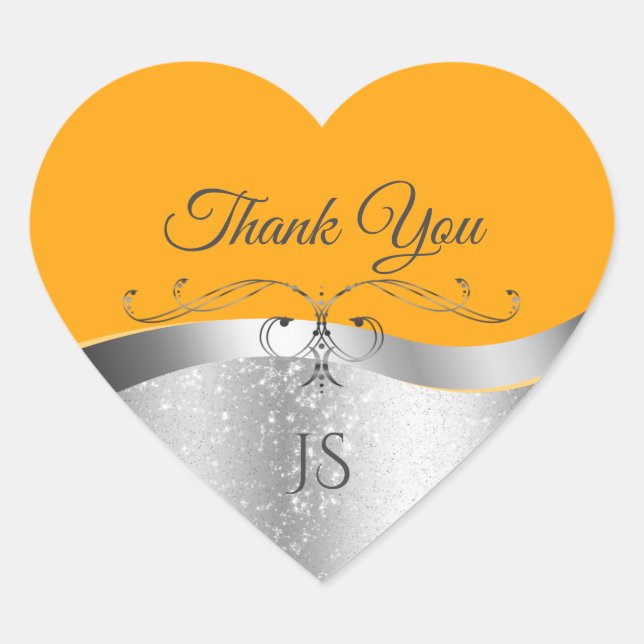 Luxurious Wavy Silver Decor on Orange Thank You Heart Sticker (Front)