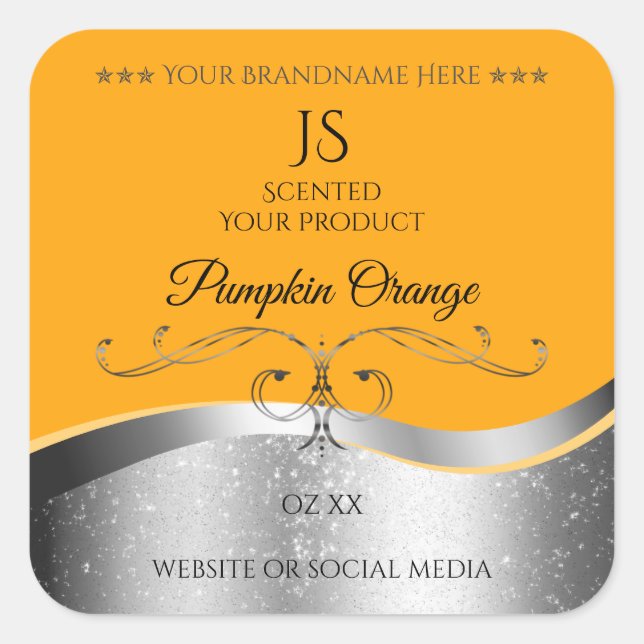Luxurious Wavy Silver Decor Orange Monogram Label (Front)