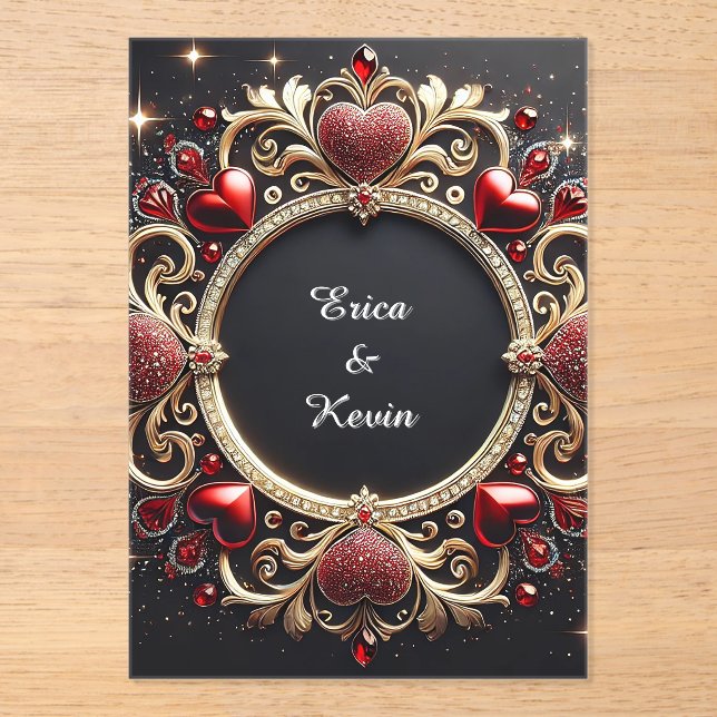 Luxurious Wedding Gold Frame With Red Hearts Acrylic Invitations (Front)