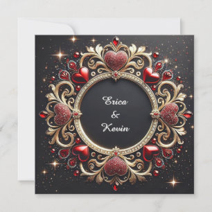 Luxurious Wedding Gold Frame With Red Hearts Invitation