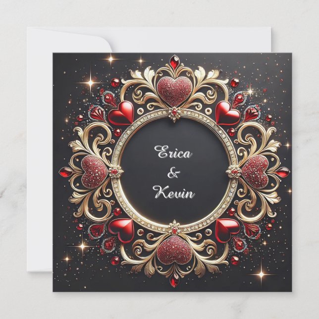 Luxurious Wedding Gold Frame With Red Hearts Invitation (Front)