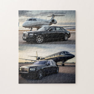 Luxurious White & Black Plane with Cars Design Jigsaw Puzzle