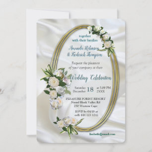 Luxurious, White, Flowing Silk & White Roses. Invitation