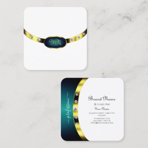 Luxurious White Gold Blue Teal Gradient Monogram  Square Business Card