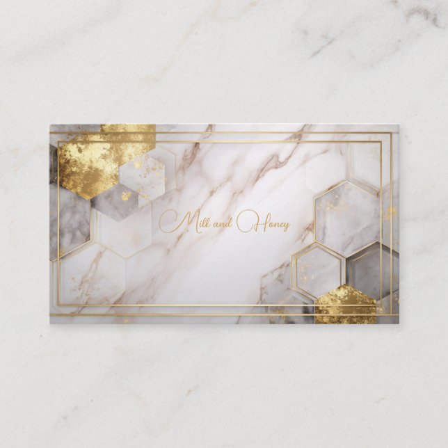Luxurious White Marble & Gold Foil Hexagon Business Card (Front)