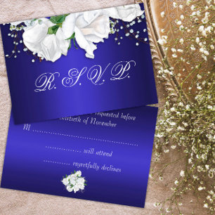 Luxurious White Roses and Dark Blue RSVP Card