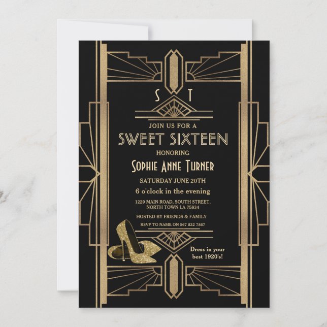 Luxury 20's Great Gold Art Deco SWEET 16 Invitation (Front)
