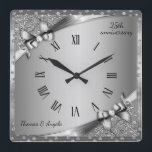 Luxury 25th Anniversary Metallic Silver & Diamond  Square Wall Clock<br><div class="desc">Luxury 25th Anniversary Metallic Silver & Diamond Square Wall Clock.</div>