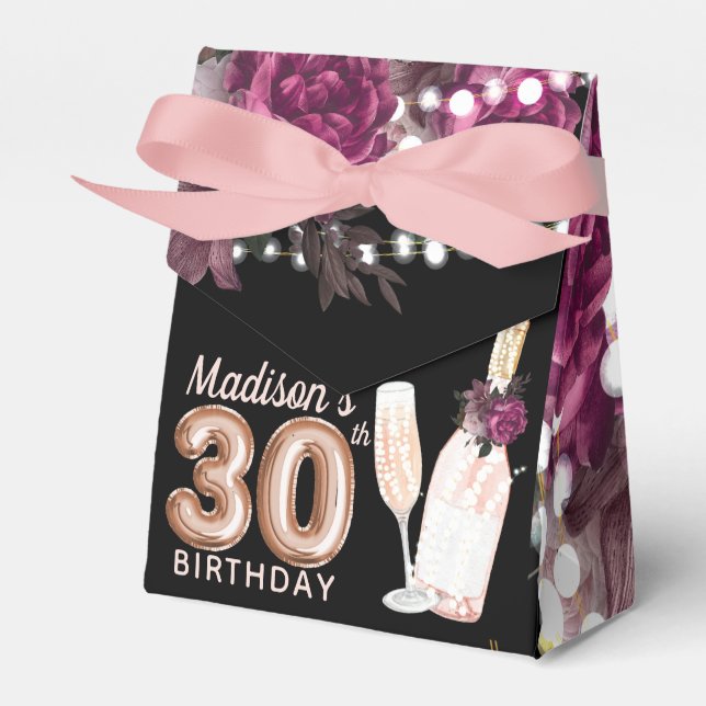 Luxury 30th Adult Birthday Rose Wine Personalized Favor Box (Front Side)