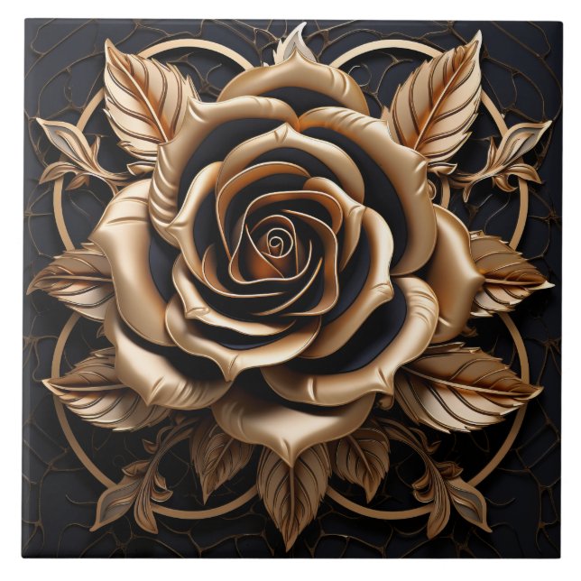 Luxury 3D Black And Gold Copper Rose Decor Print Tile (Front)