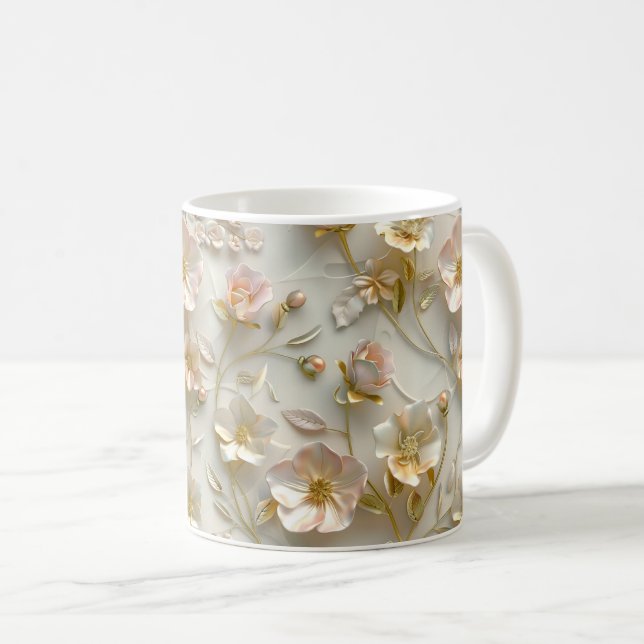 Luxury 3D Embossed Floral Gold Foil Elegant  Coffee Mug (Front Right)