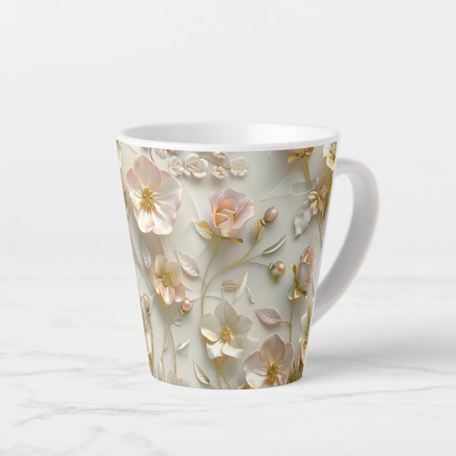 Luxury 3D Embossed Floral Gold Foil Elegant  Latte Mug (Right Angle)
