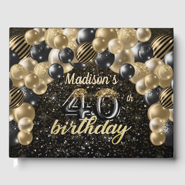 Luxury 40th Birthday Personalized Black Gold Guest Book (Front)