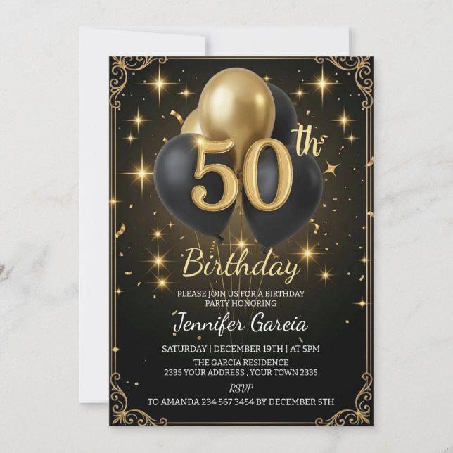 Luxury 50th Birthday Black Gold Balloon Glitter Invitation (Front)
