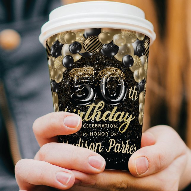 Luxury 50th Birthday Black Gold Personalized Paper Cups (Creator Uploaded)