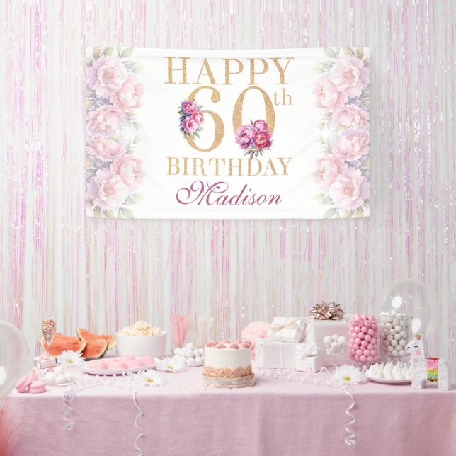 Luxury 60th Birthday Peonies Pink Gold Glitter Banner (Party)