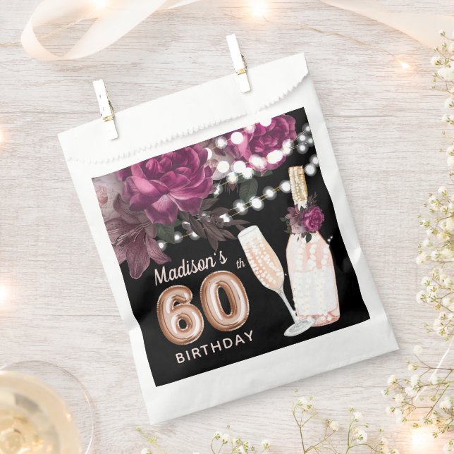 Luxury 60th Birthday Personalized Rose Wine Favour Bag (Clipped)