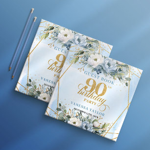 Luxury 90th Birthday Dusty Blue Floral Gold Frame Guest Book