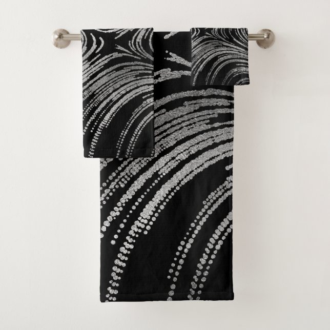 Luxury Abstract Silver on Black pattern Bath Towel Set (Insitu)