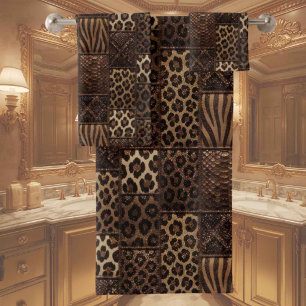Luxury African Animal Print Brown Faux Glitter Bath Towel Set