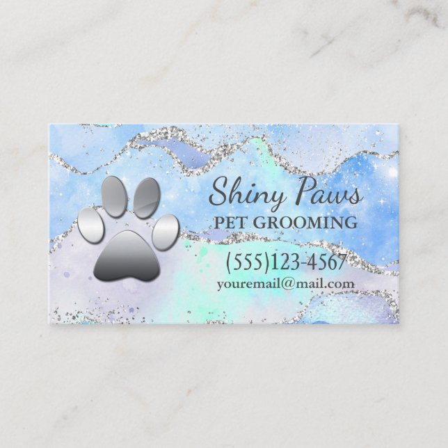 Luxury Agate Glitter Dog Paw Pet Grooming Business Card (Front)