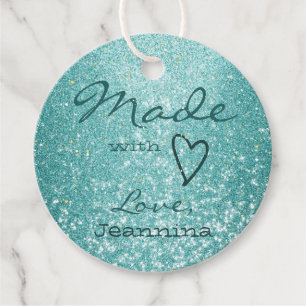Luxury Aqua Blue Glitter Made with Love Heart Cute Favour Tags