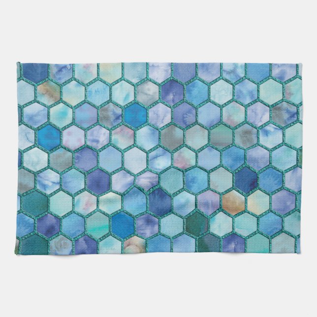 Luxury Aqua blue honeycomb pattern Kitchen Towel (Horizontal)