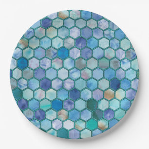 Luxury Aqua blue honeycomb pattern Paper Plate