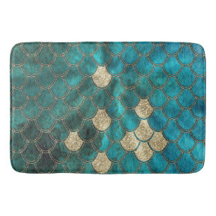 Luxury Aqua Green Mermaid Scales with Gold Glitter Bath Mat