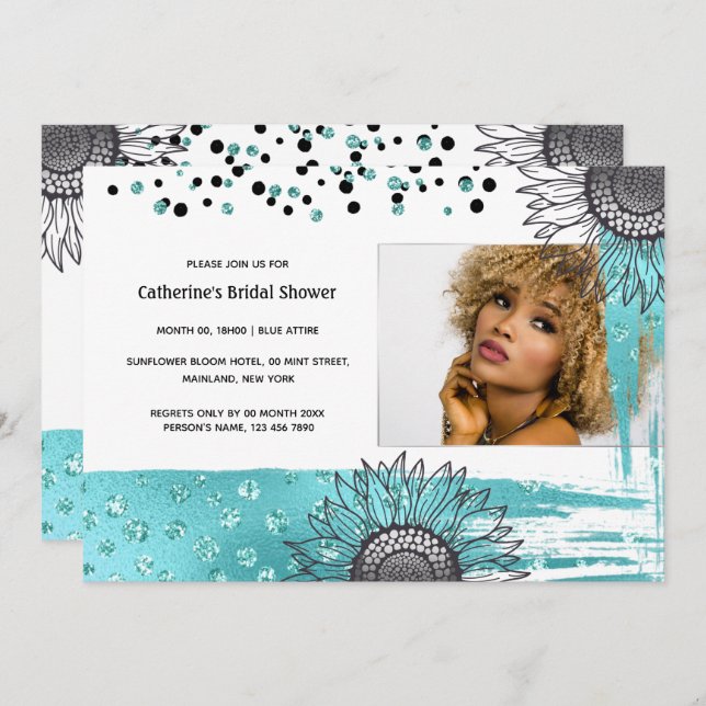 Luxury aqua grey confetti glitter sunflower party invitation (Front/Back)