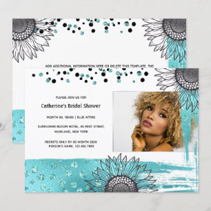 Luxury aqua grey confetti glitter sunflower party invitation