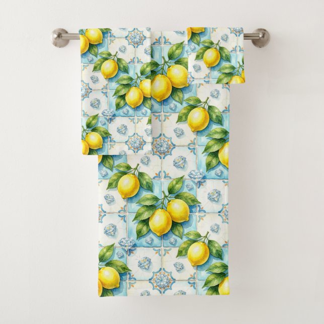 Luxury Art Deco Lemons Diamonds  Bath Towel Set (Insitu)