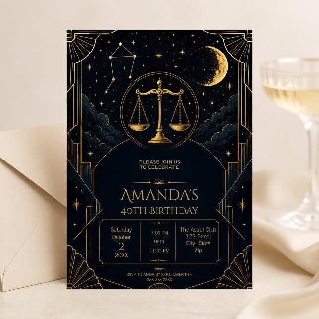 Luxury Art Deco Libra 40th Birthday Invitation (Dark Art Deco Libra zodiac 40th birthday invitation with celestial details and elegant moody styling)