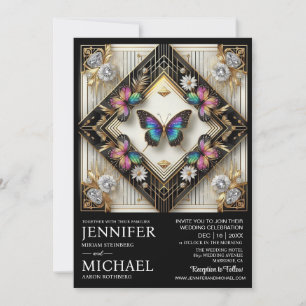 Luxury Art Deco Rainbow Butterfly Wedding Invitation