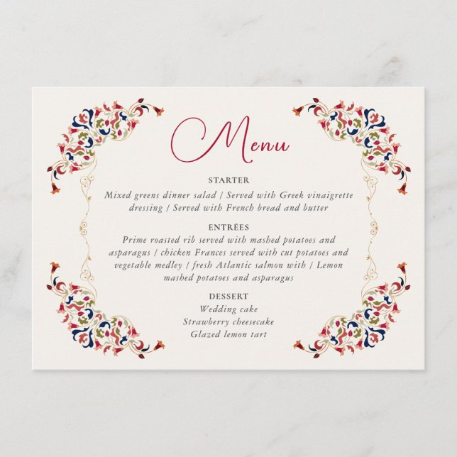 Luxury Artistic Botanical Floral Paisley Wedding Menu (Front)