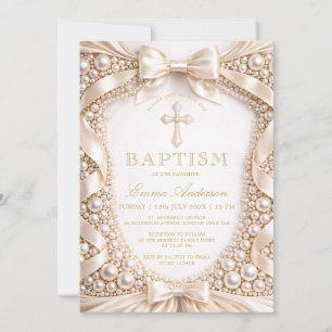 Luxury Baptism Pearl and Satin Bow Invitation