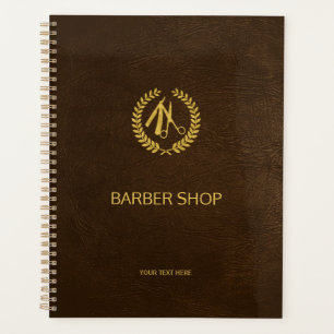 Luxury barber shop brown leather look gold planner
