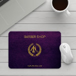Luxury barber shop purple leather look gold mouse pad<br><div class="desc">Barber shop mouse pad with faux gold scissors logo and barber script on a purple indigo elegant leather look background</div>