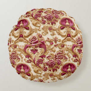 Luxury Baroque Floral Gold and Burgundy Round Pillow