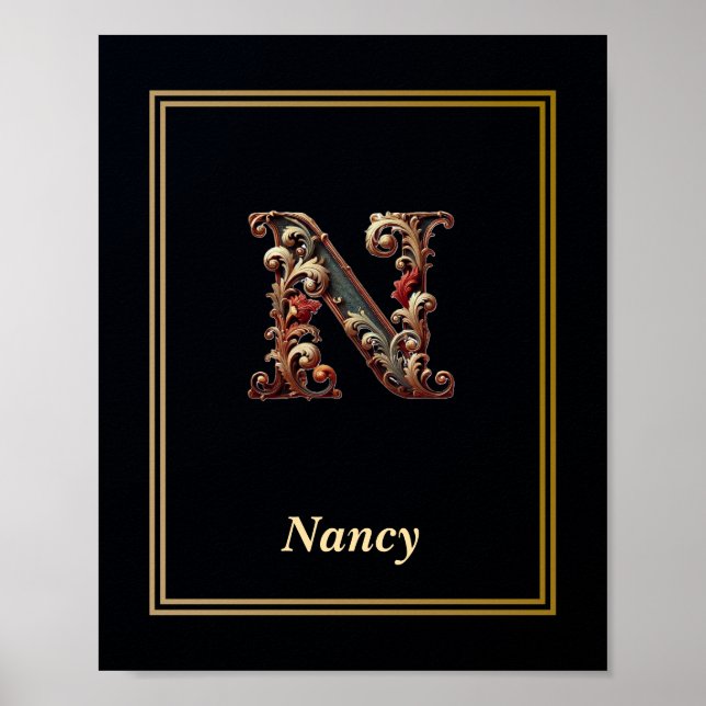 Luxury Baroque Letter N Monogram Poster  (Devant)
