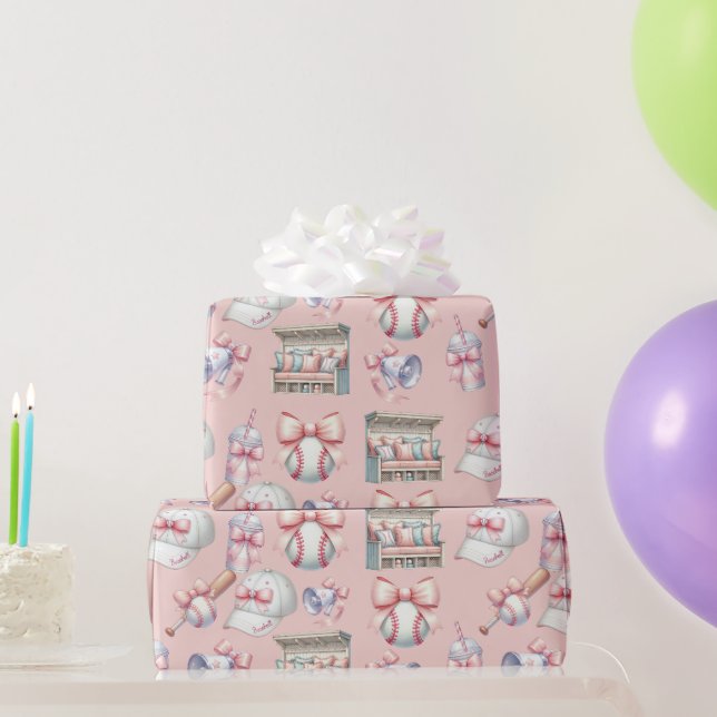 Luxury Baseball Girl Birthday Light Pink  Wrapping Paper (Party Gifts)