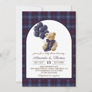 Luxury Bear Balloons Plaid Baby Shower Invitation