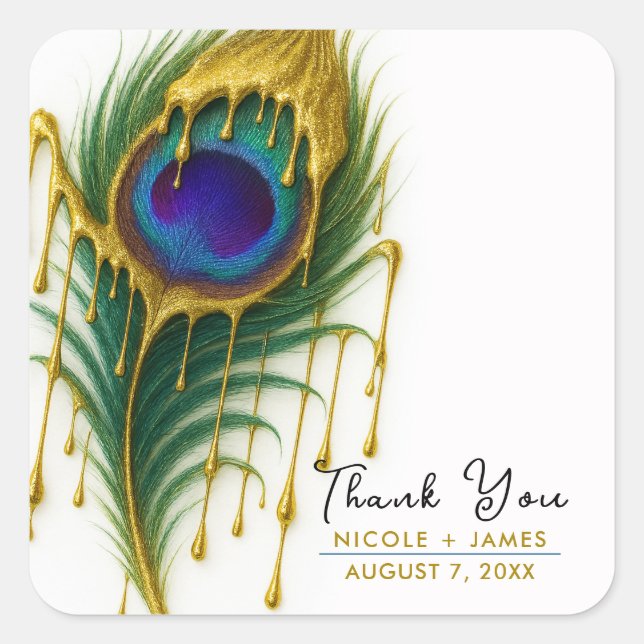 Luxury Beauty Gold Drip Glam Peacock Feather Square Sticker (Front)