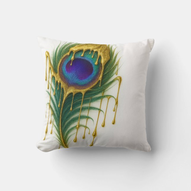 Luxury Beauty Gold Drip Glam Peacock Feather Throw Pillow (Front)