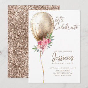 Luxury Beige Balloon Glitter Birthday Invitation