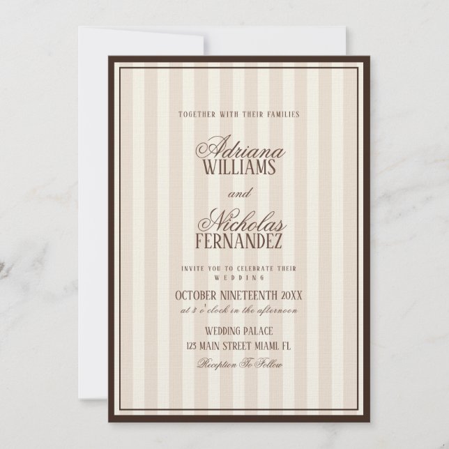 Luxury Beige Espresso Stripes Wedding Invitation (Front)