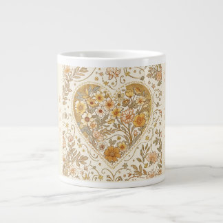 Luxury, , Beigi Gold Yellow ,Love Heart Flowers Large Coffee Mug