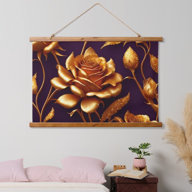 Luxury Big Gold Rose Modern Collection Hanging Tapestry (Bedroom)